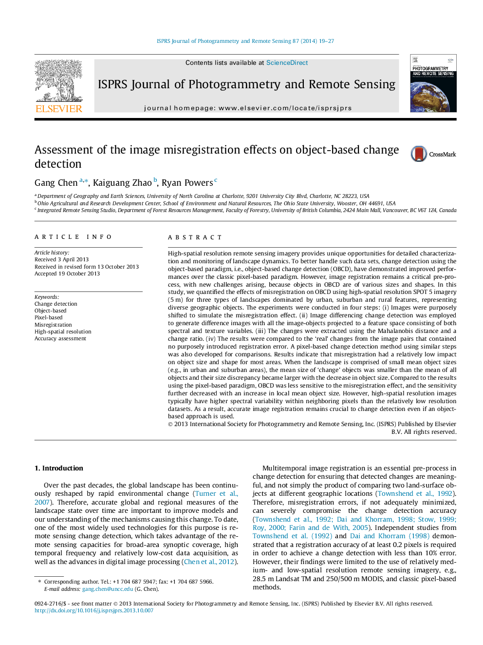 Assessment of the image misregistration effects on object-based change detection