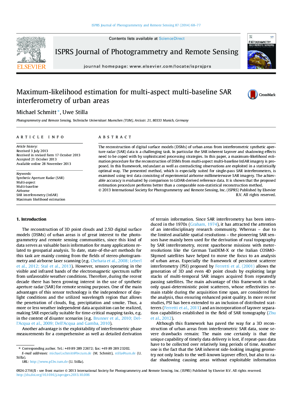 Maximum-likelihood estimation for multi-aspect multi-baseline SAR interferometry of urban areas