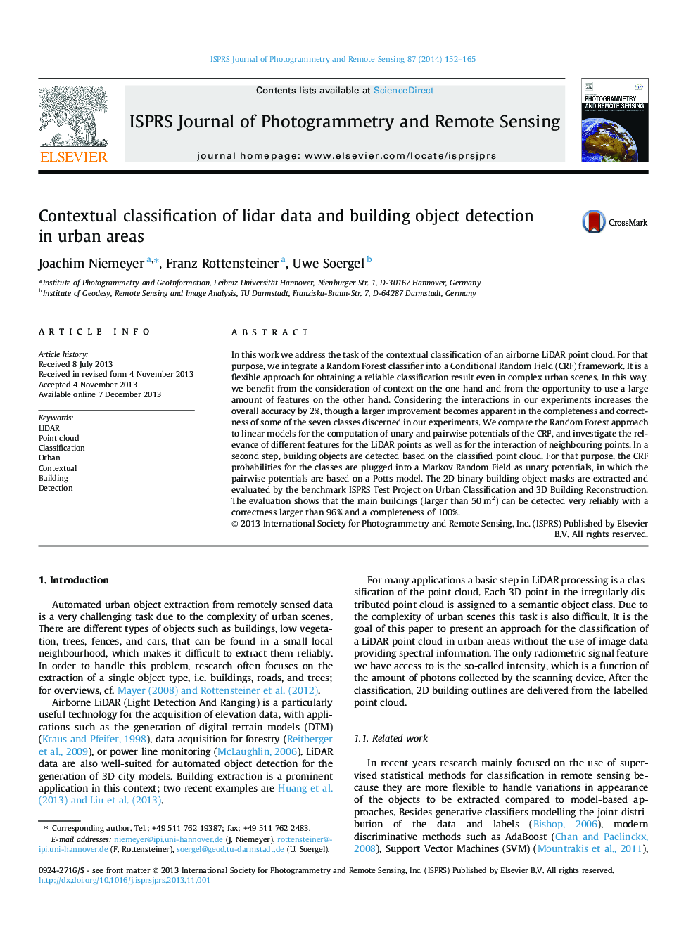 Contextual classification of lidar data and building object detection in urban areas