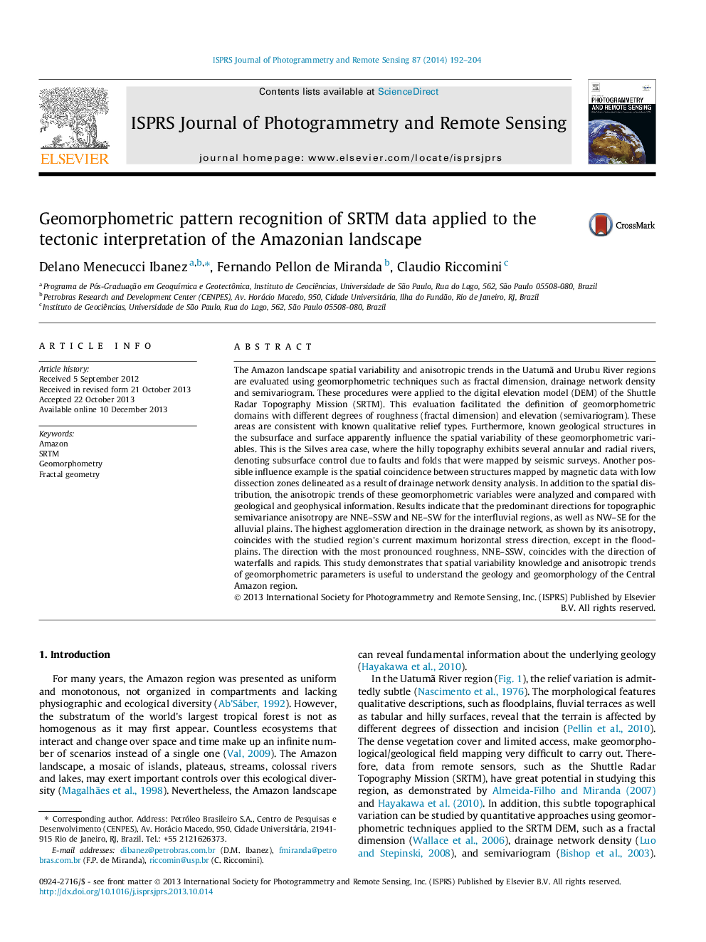 Geomorphometric pattern recognition of SRTM data applied to the tectonic interpretation of the Amazonian landscape