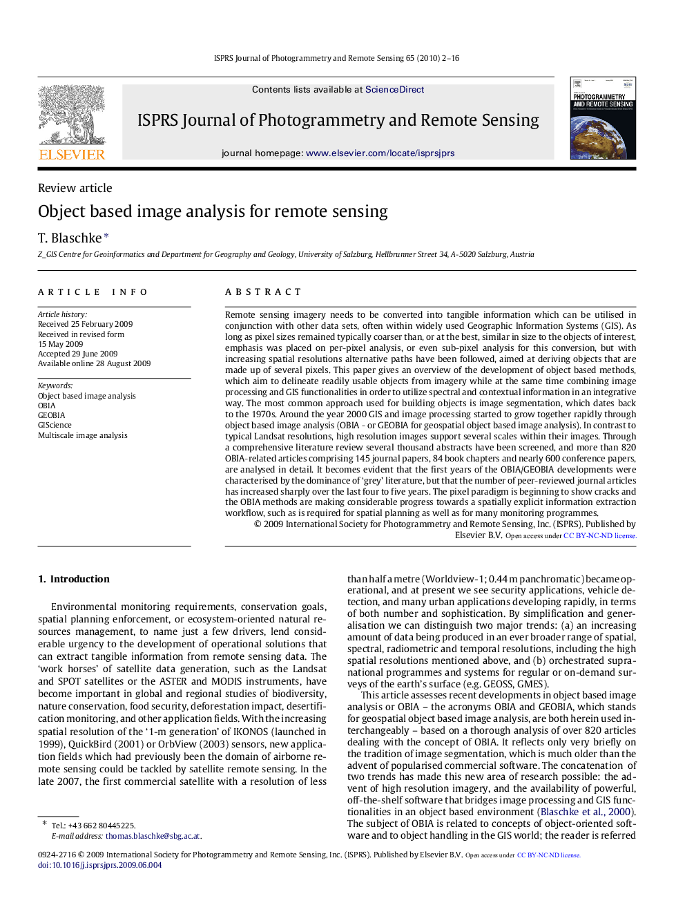 Object based image analysis for remote sensing