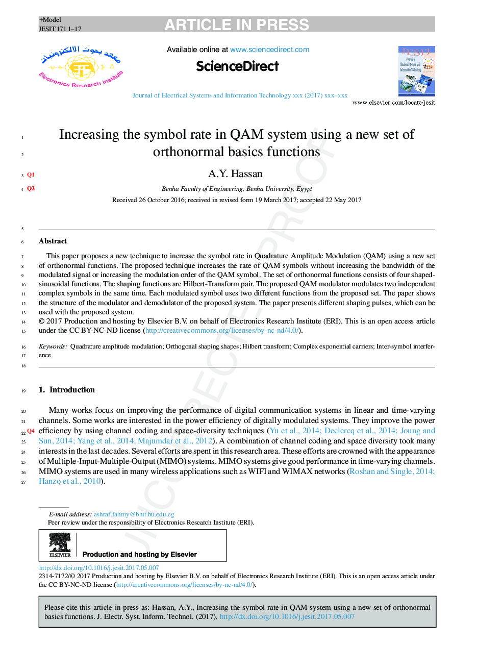 Increasing the symbol rate in QAM system using a new set of orthonormal basics functions