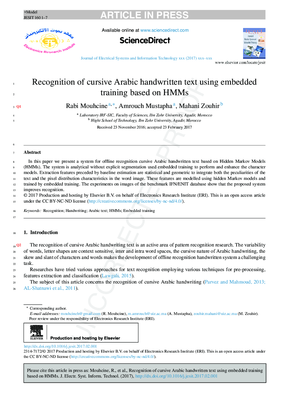 Recognition of cursive Arabic handwritten text using embedded training based on HMMs