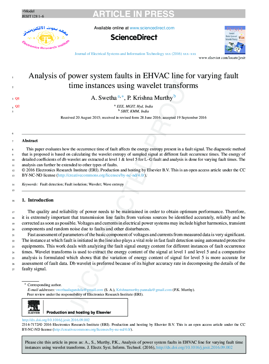 Analysis of power system faults in EHVAC line for varying fault time instances using wavelet transforms