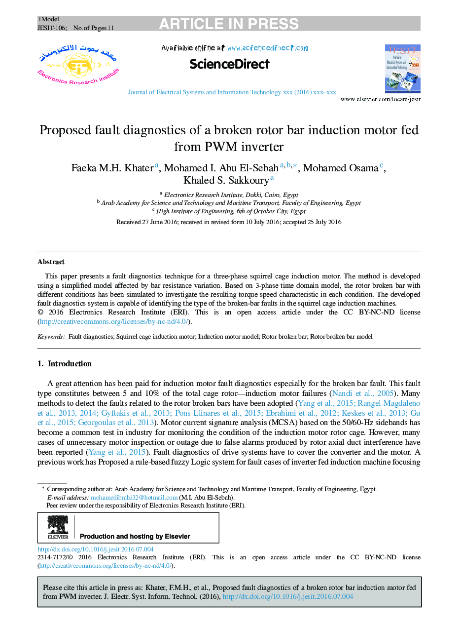 عکس صفحه اول مقاله: Proposed fault diagnostics of a broken rotor bar induction motor fed from PWM inverter Proposed fault diagnostics of a broken rotor bar induction motor fed from PWM inverter