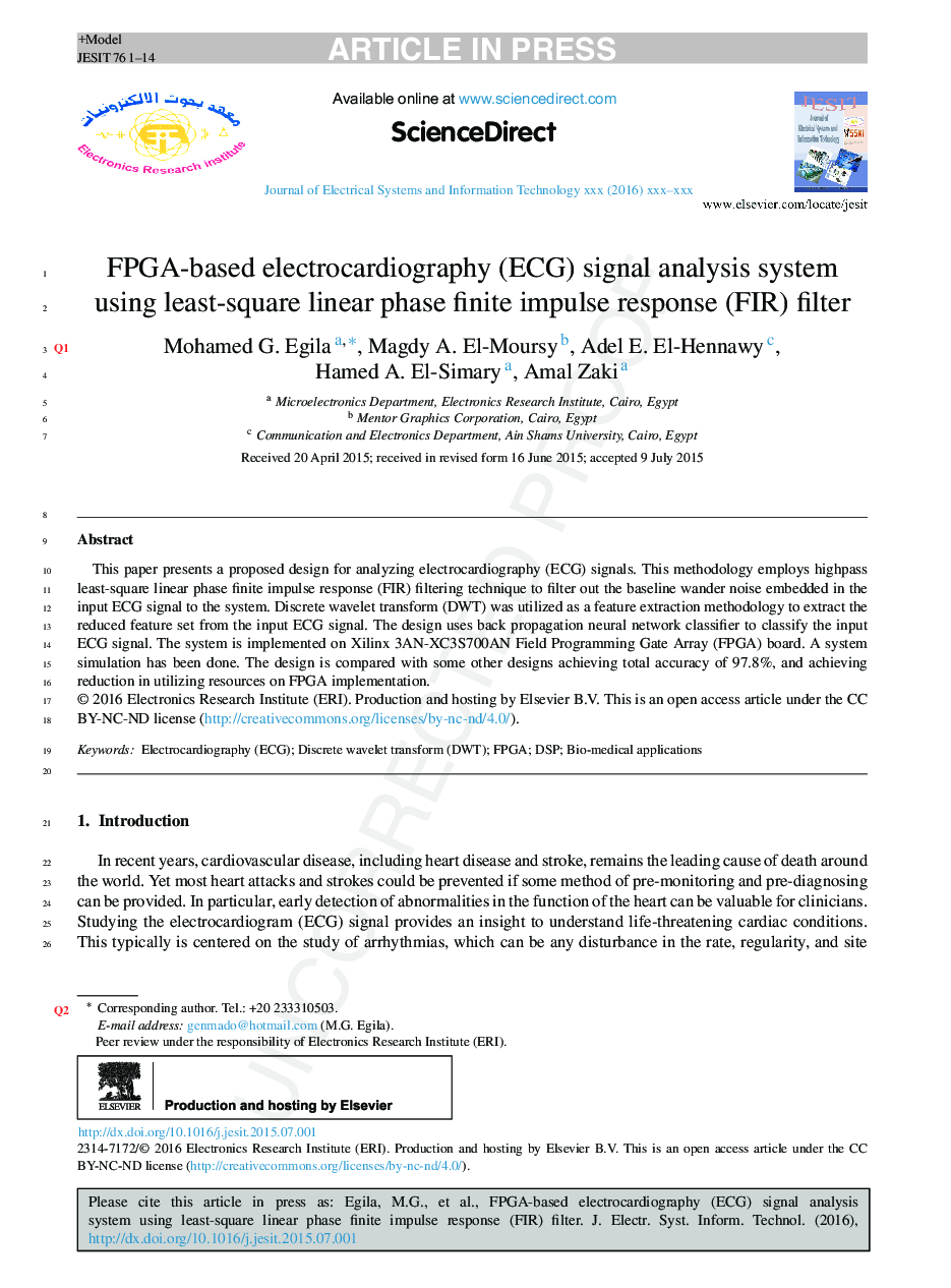 FPGA-based electrocardiography (ECG) signal analysis system using least-square linear phase finite impulse response (FIR) filter