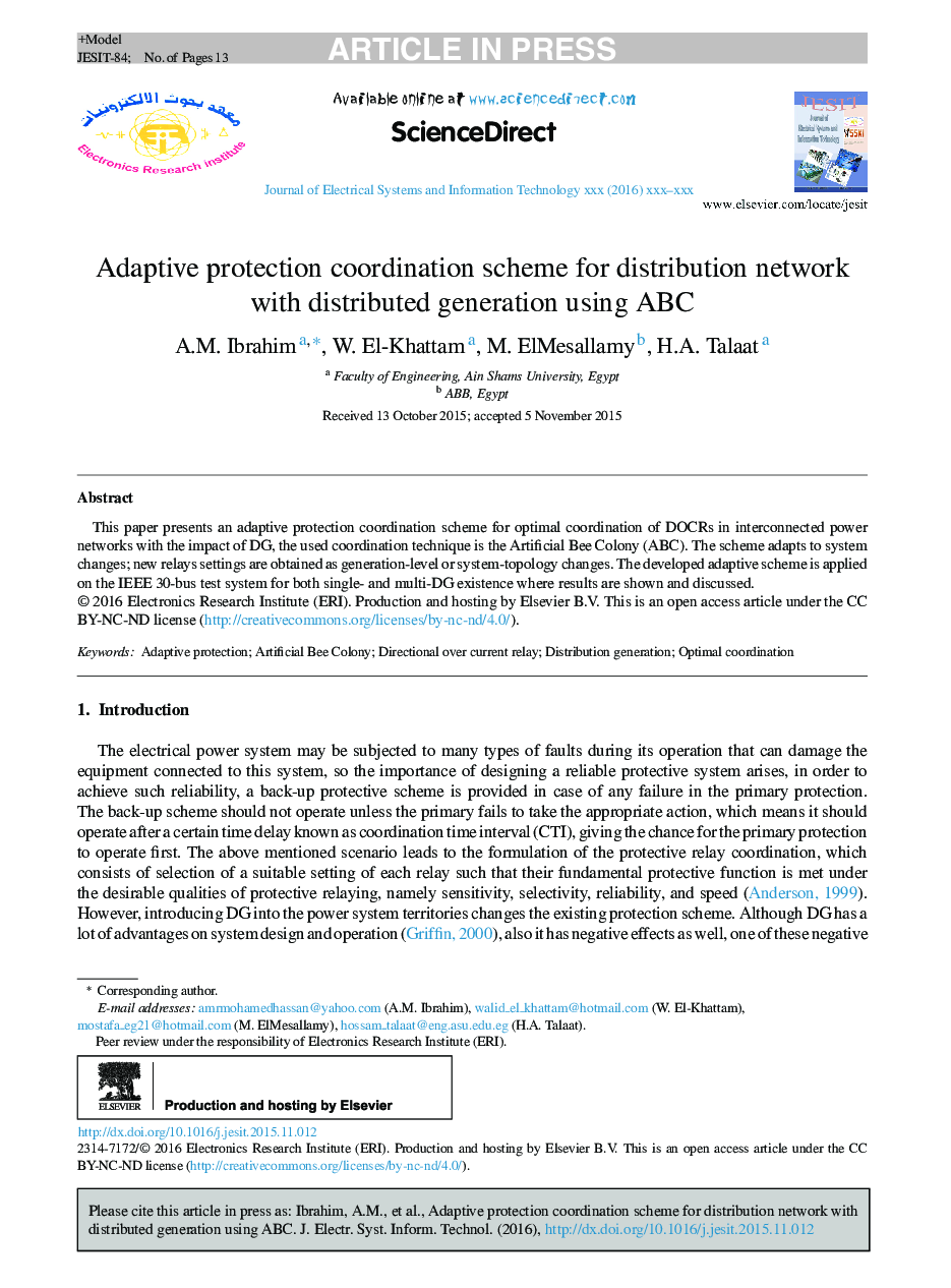 عکس صفحه اول مقاله: Adaptive protection coordination scheme for distribution network with distributed generation using ABC Adaptive protection coordination scheme for distribution network with distributed generation using ABC
