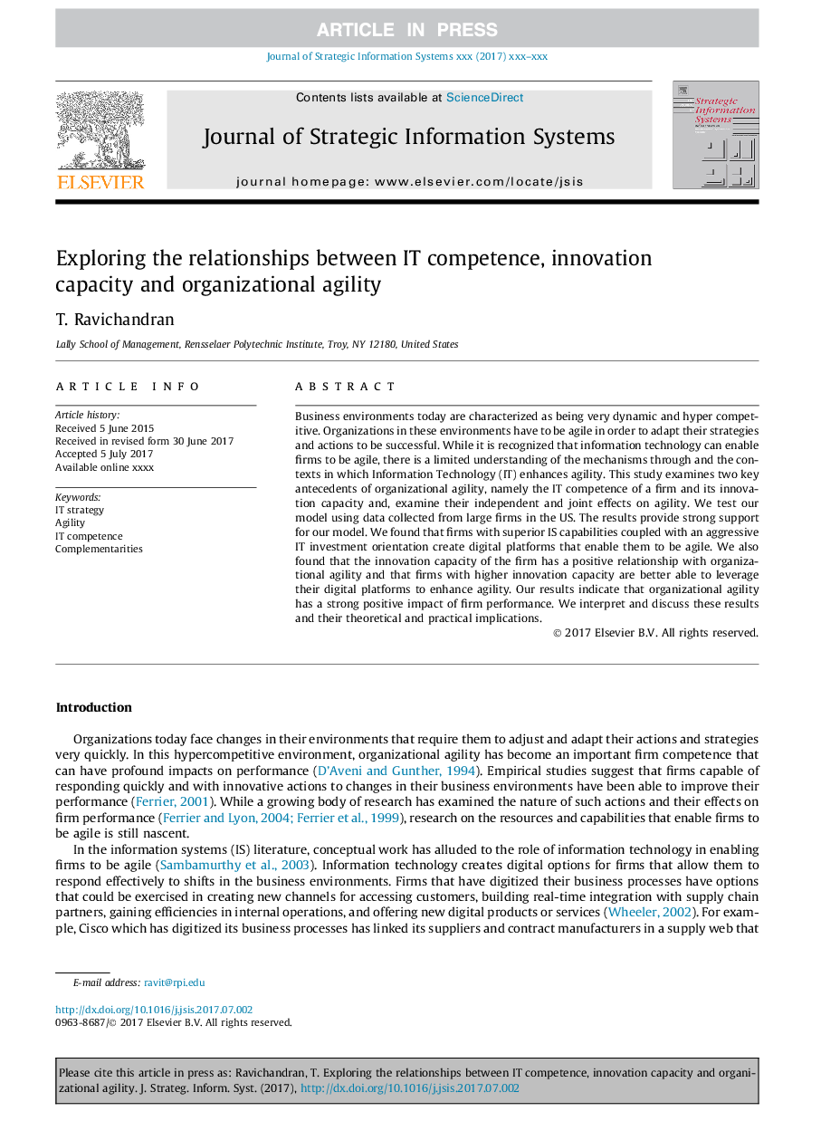 Exploring the relationships between IT competence, innovation capacity and organizational agility