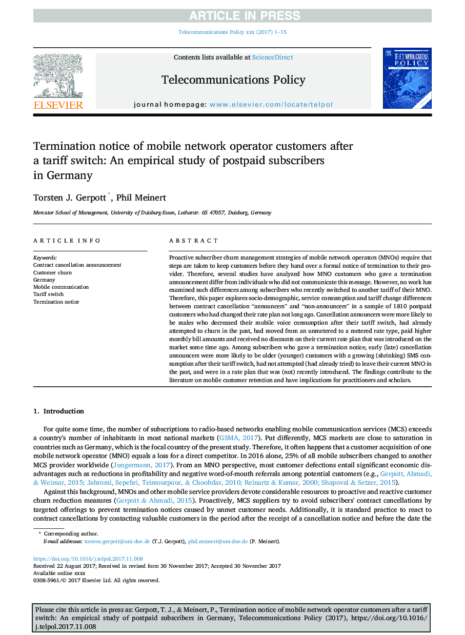 خاتمه دادن به مشتریان اپراتور تلفن همراه پس از تعویض تعرفه: مطالعه تجربی مشترکان پس از پرداخت در آلمان 