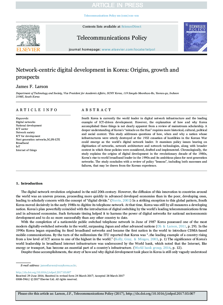 Network-centric digital development in Korea: Origins, growth and prospects