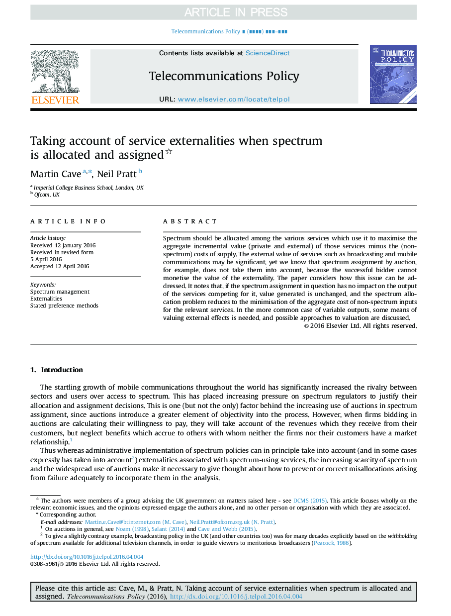 Taking account of service externalities when spectrum is allocated and assigned