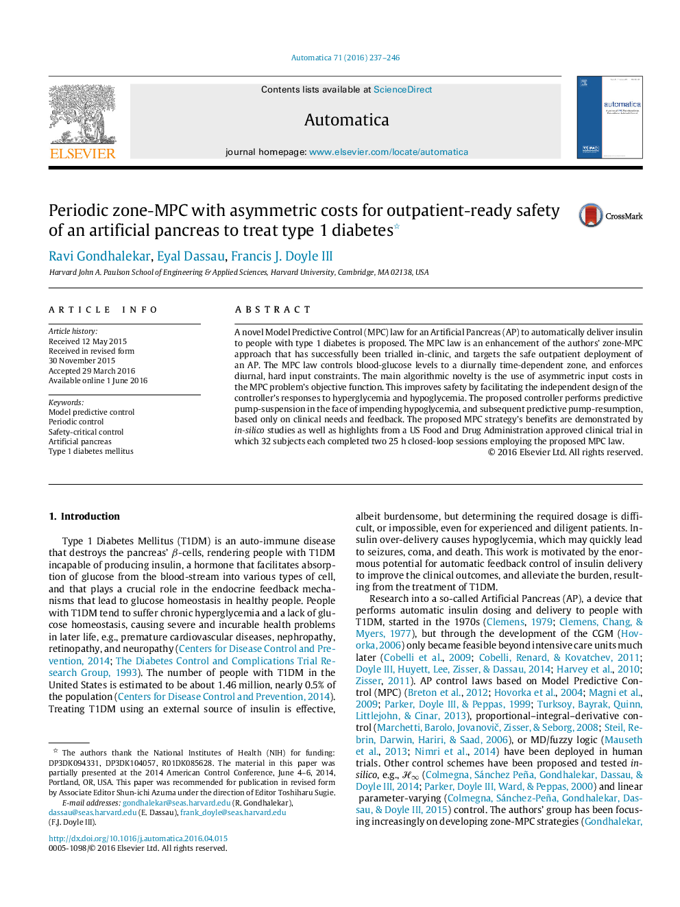 MPC منطقه تناوبی با هزینه های نامتقارن برای ایمنی بیماران سرپایی آماده از پانکراس مصنوعی برای درمان دیابت نوع 1