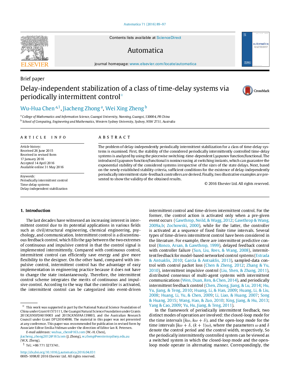 Delay-independent stabilization of a class of time-delay systems via periodically intermittent control 