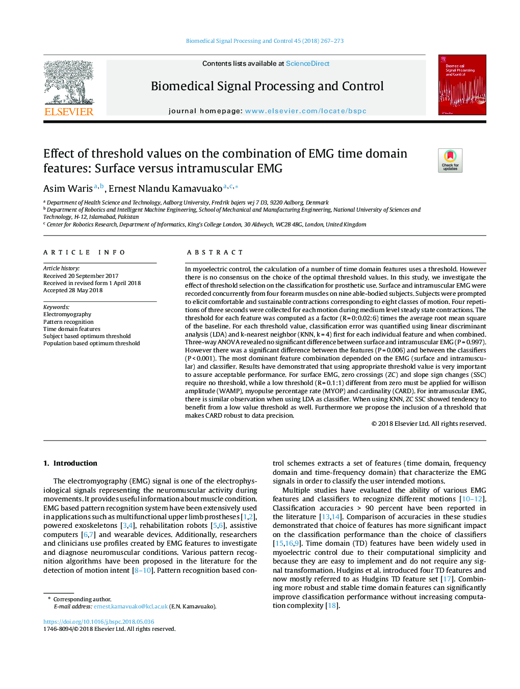 Effect of threshold values on the combination of EMG time domain features: Surface versus intramuscular EMG