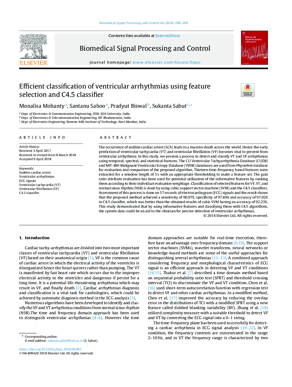 Efficient classification of ventricular arrhythmias using feature selection and C4.5 classifier