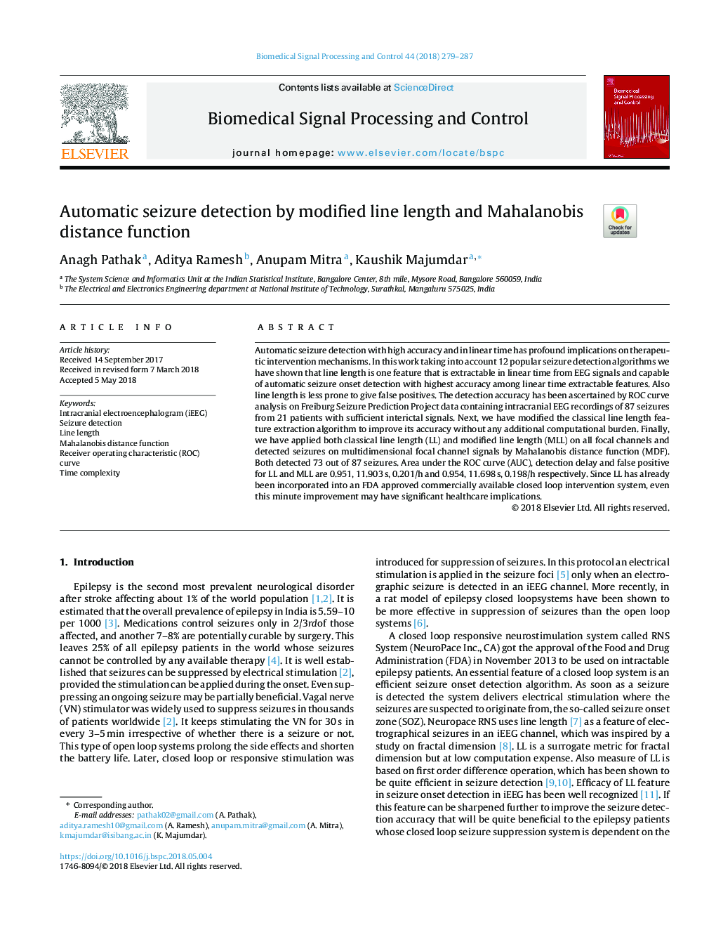 Automatic seizure detection by modified line length and Mahalanobis distance function