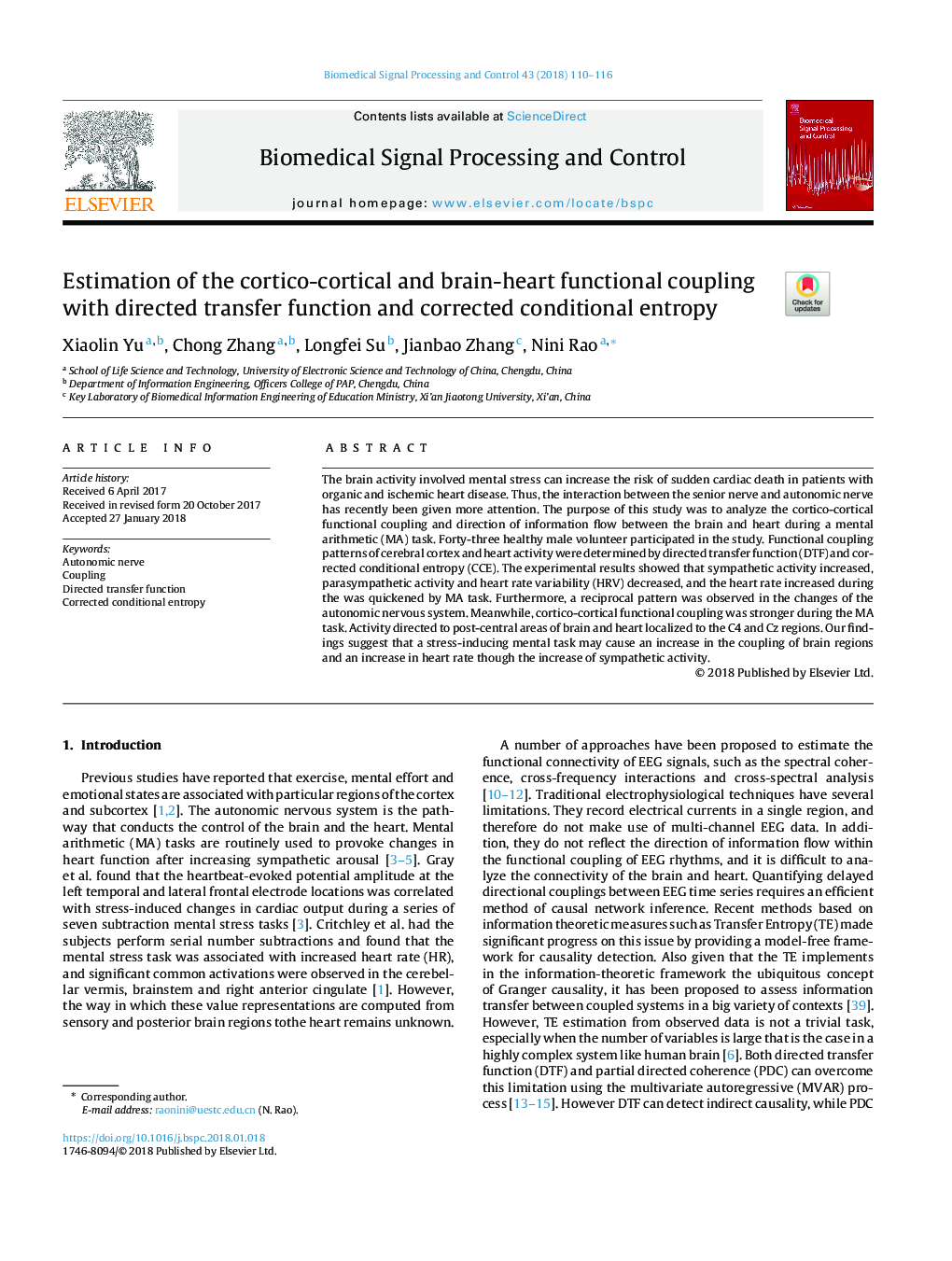 Estimation of the cortico-cortical and brain-heart functional coupling with directed transfer function and corrected conditional entropy