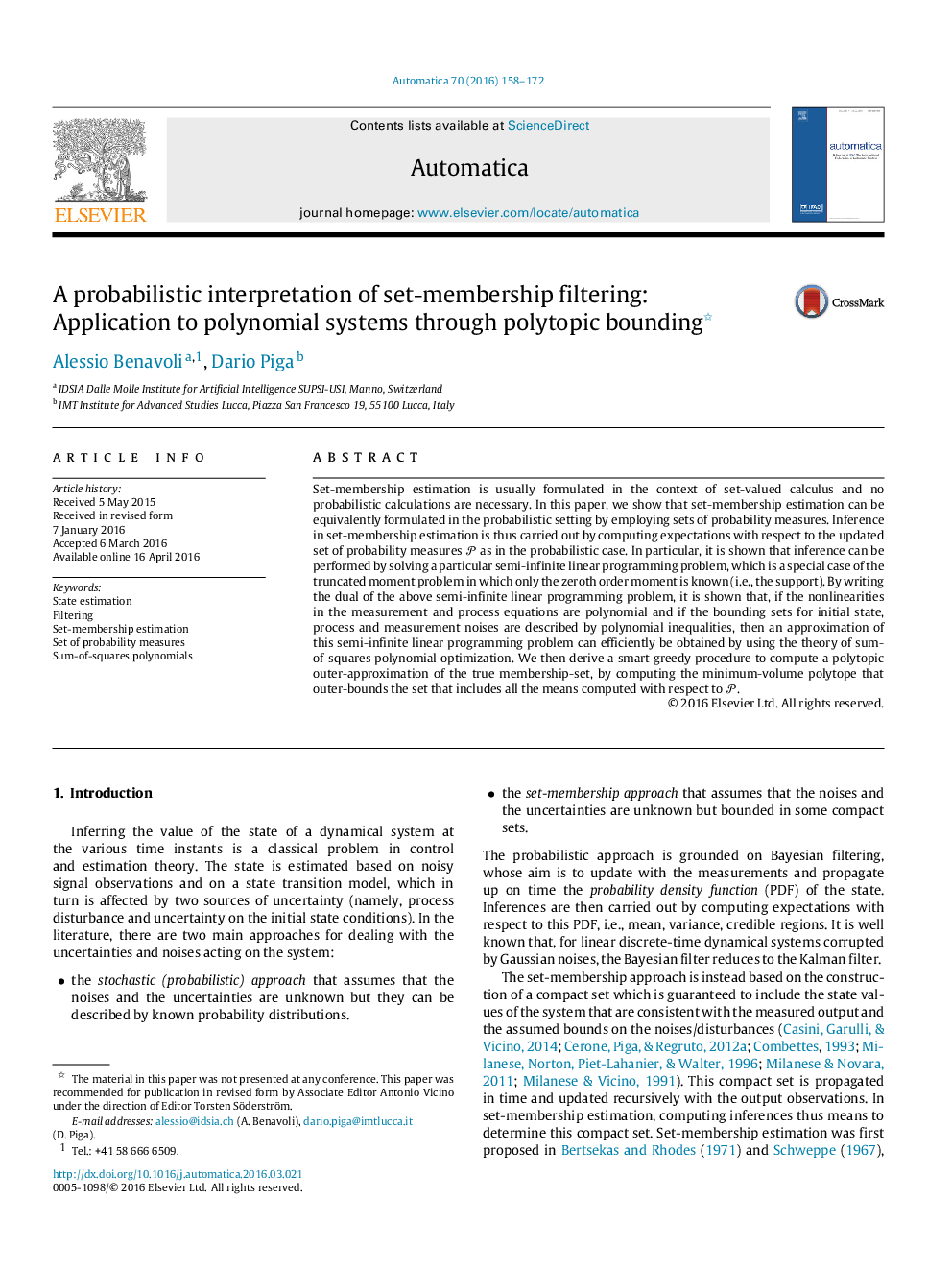 A probabilistic interpretation of set-membership filtering: Application to polynomial systems through polytopic bounding 