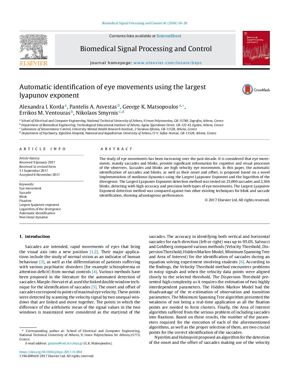 Automatic identification of eye movements using the largest lyapunov exponent