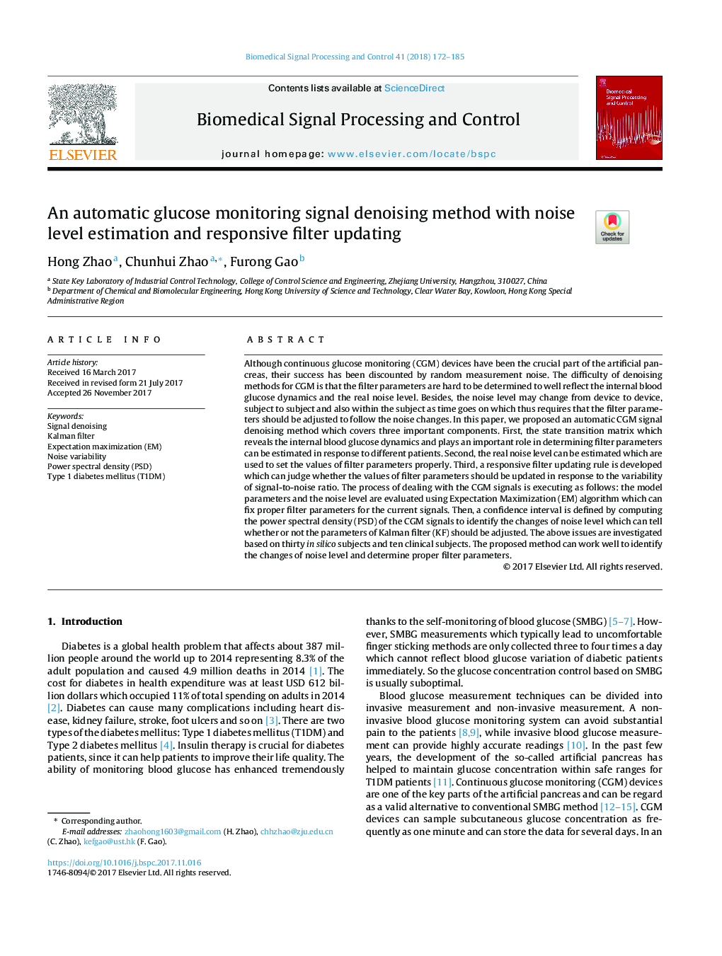 An automatic glucose monitoring signal denoising method with noise level estimation and responsive filter updating