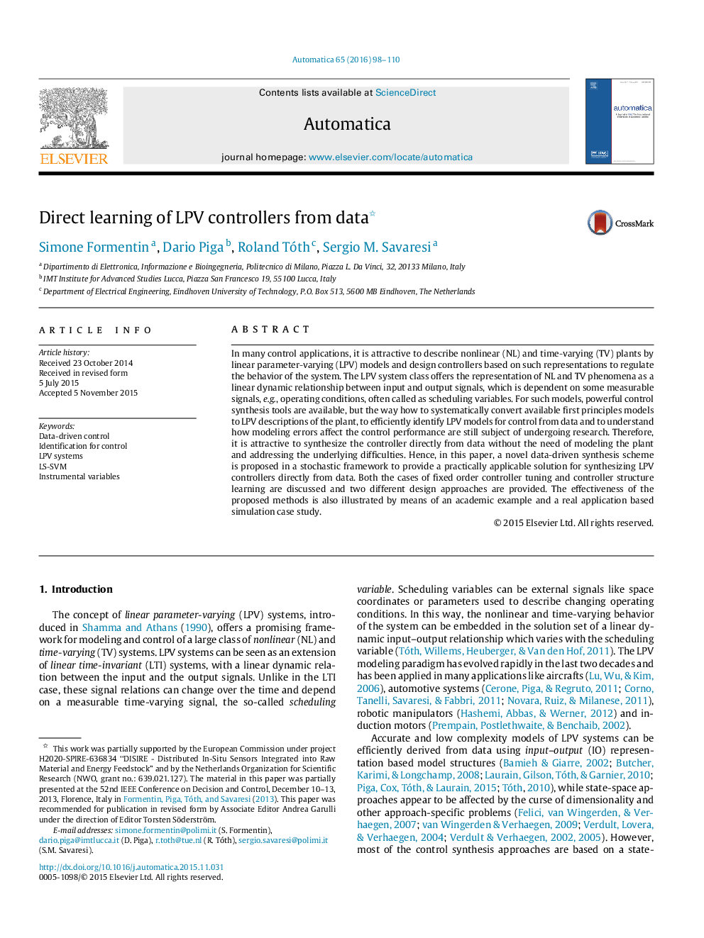 Direct learning of LPV controllers from data