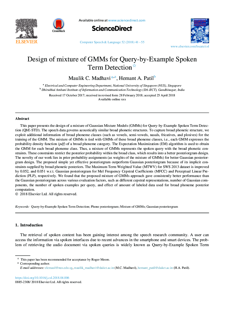 Design of mixture of GMMs for Query-by-Example Spoken Term Detection