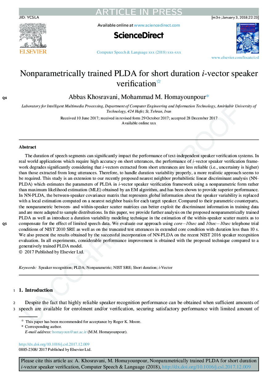 Nonparametrically trained PLDA for short duration i-vector speaker verification