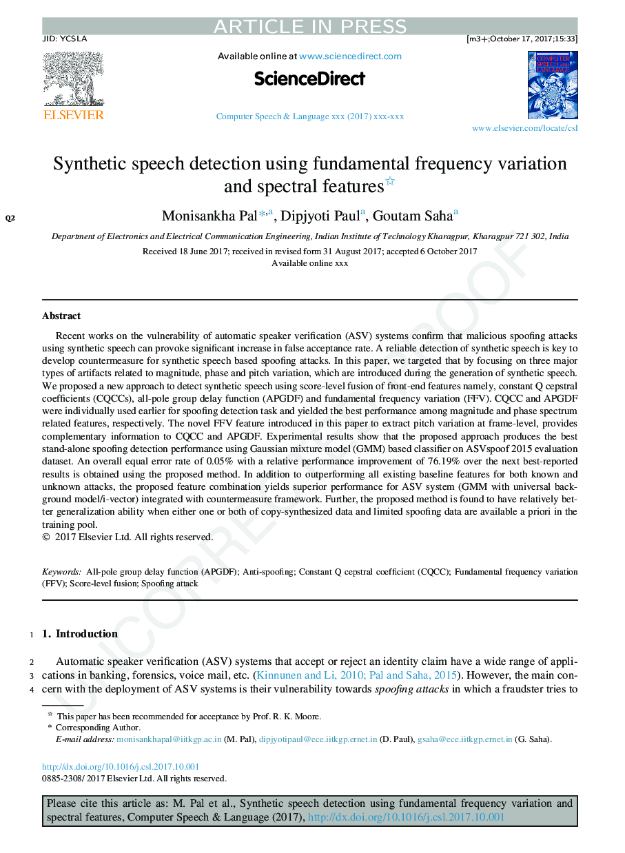 تشخیص گفتار مصنوعی با استفاده از تنوع فرکانس بنیادی و ویژگی های طیفی 