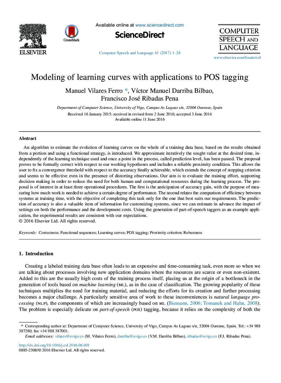 Modeling of learning curves with applications to POS tagging