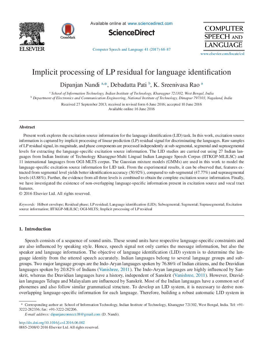 Implicit processing of LP residual for language identification