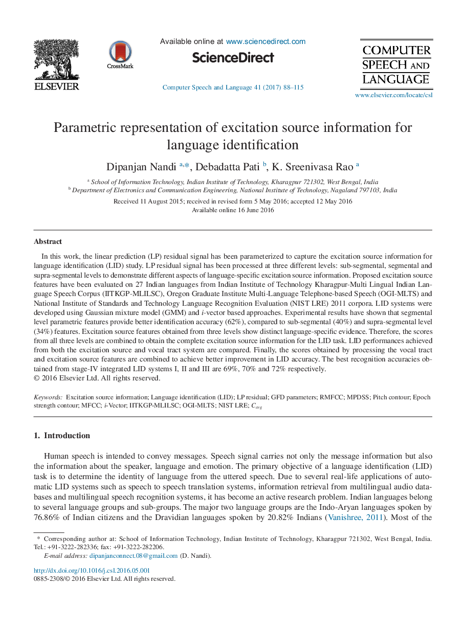 Parametric representation of excitation source information for language identification