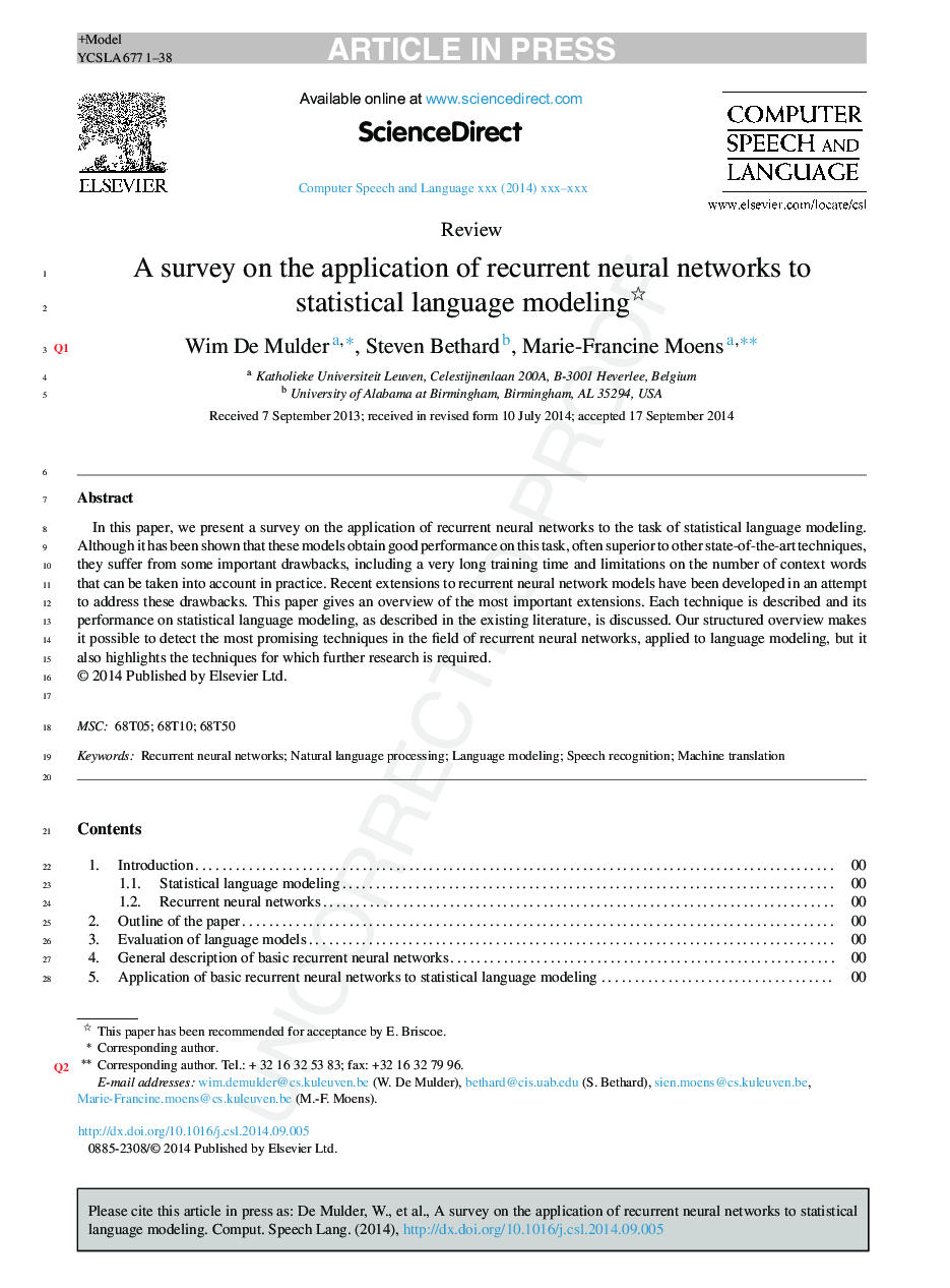 A survey on the application of recurrent neural networks to statistical language modeling