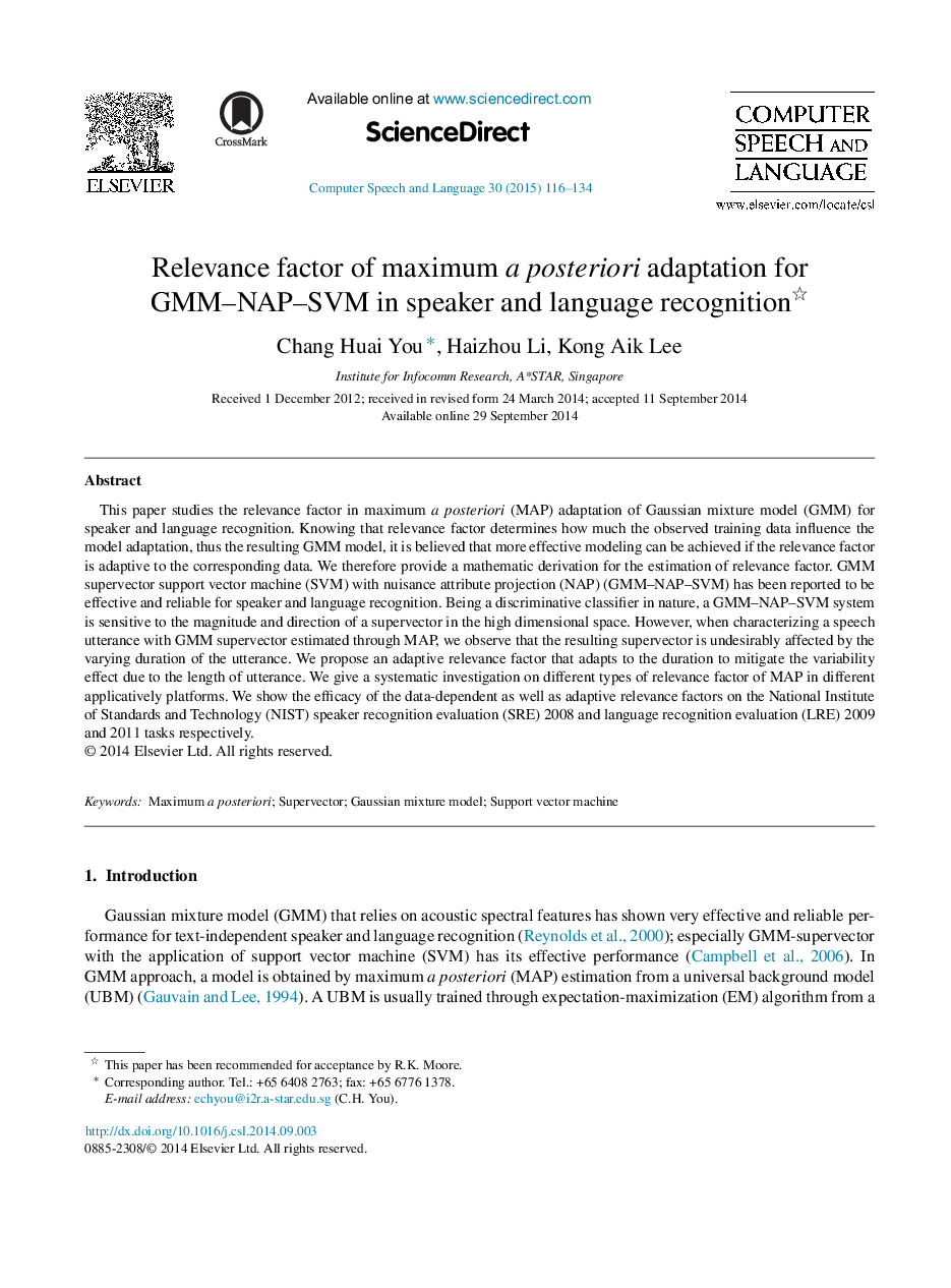 Relevance factor of maximum a posteriori adaptation for GMM-NAP-SVM in speaker and language recognition