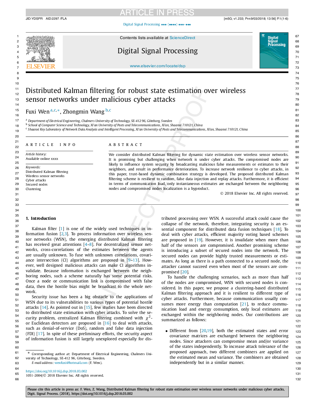 Distributed Kalman filtering for robust state estimation over wireless sensor networks under malicious cyber attacks