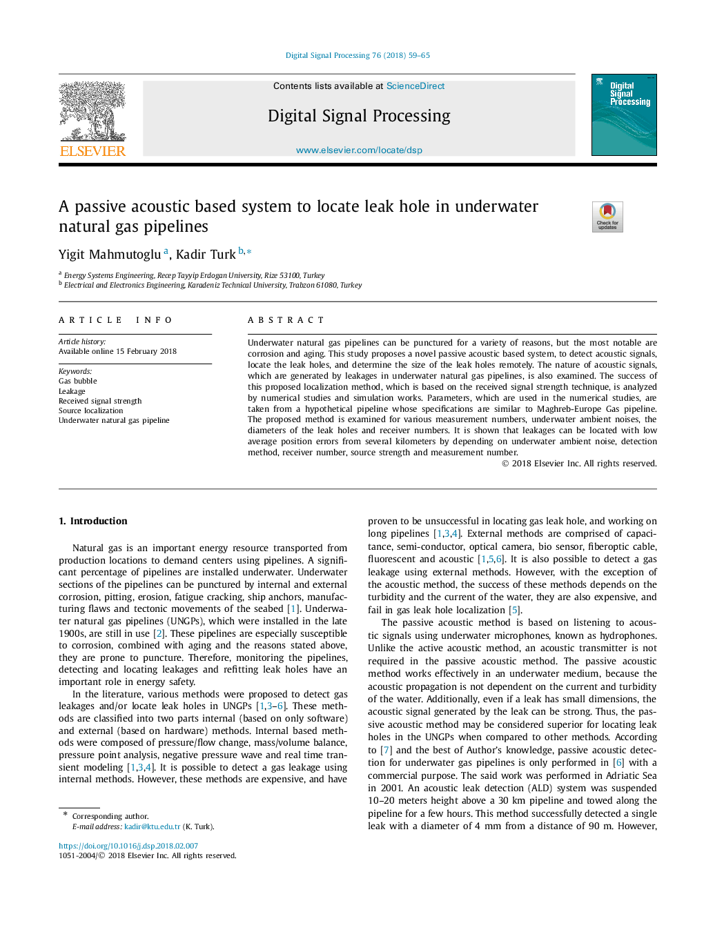 A passive acoustic based system to locate leak hole in underwater natural gas pipelines