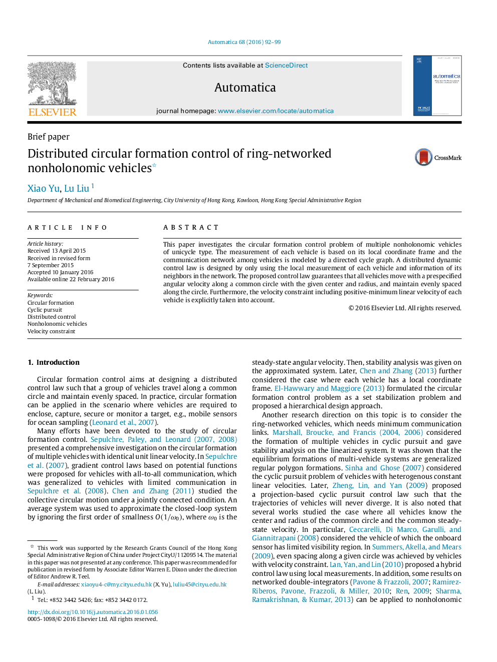 Distributed circular formation control of ring-networked nonholonomic vehicles 