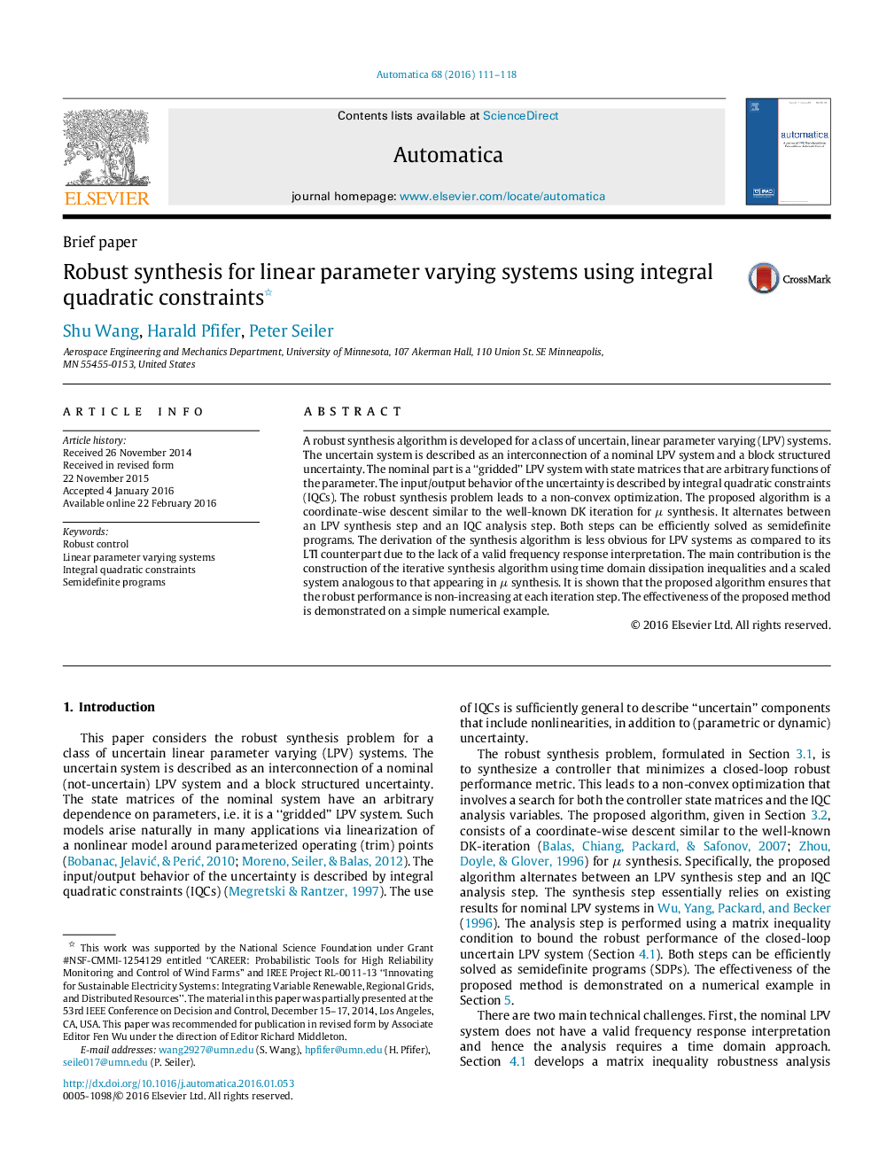 Robust synthesis for linear parameter varying systems using integral quadratic constraints 