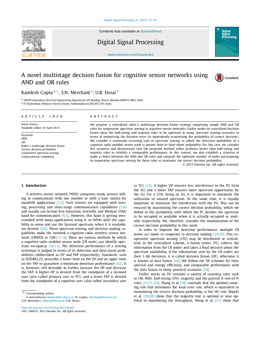 A novel multistage decision fusion for cognitive sensor networks using AND and OR rules