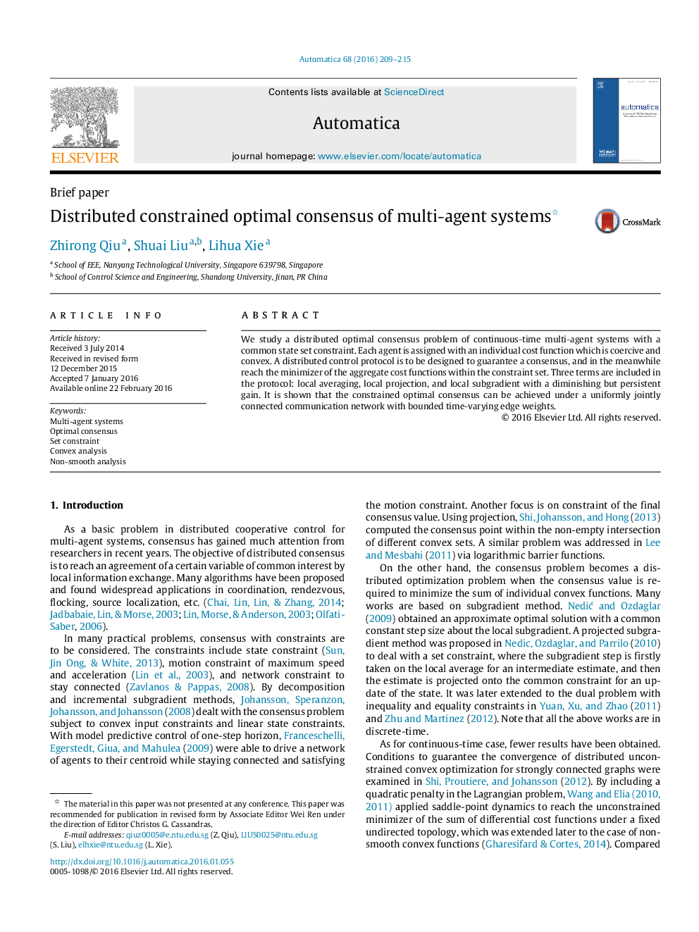 Distributed constrained optimal consensus of multi-agent systems 