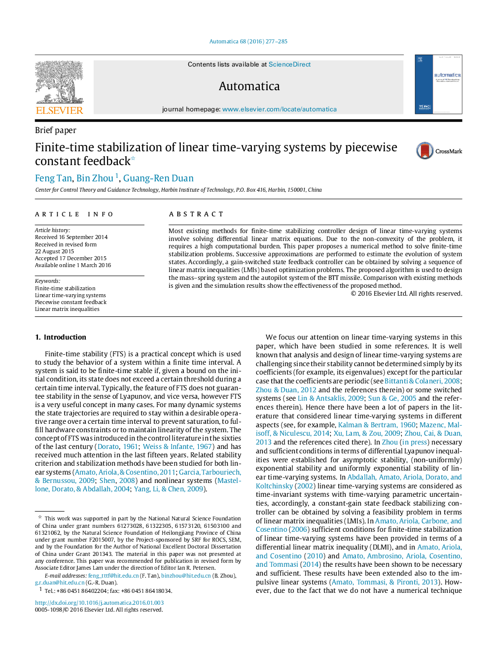 Finite-time stabilization of linear time-varying systems by piecewise constant feedback 