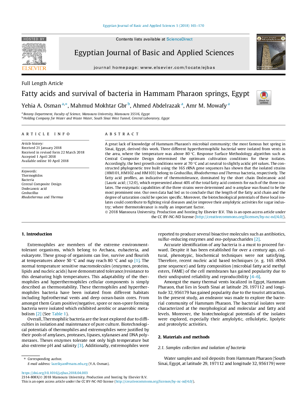 اسیدهای چرب و بقای باکتری در چشمه های هامام فرعون، مصر 