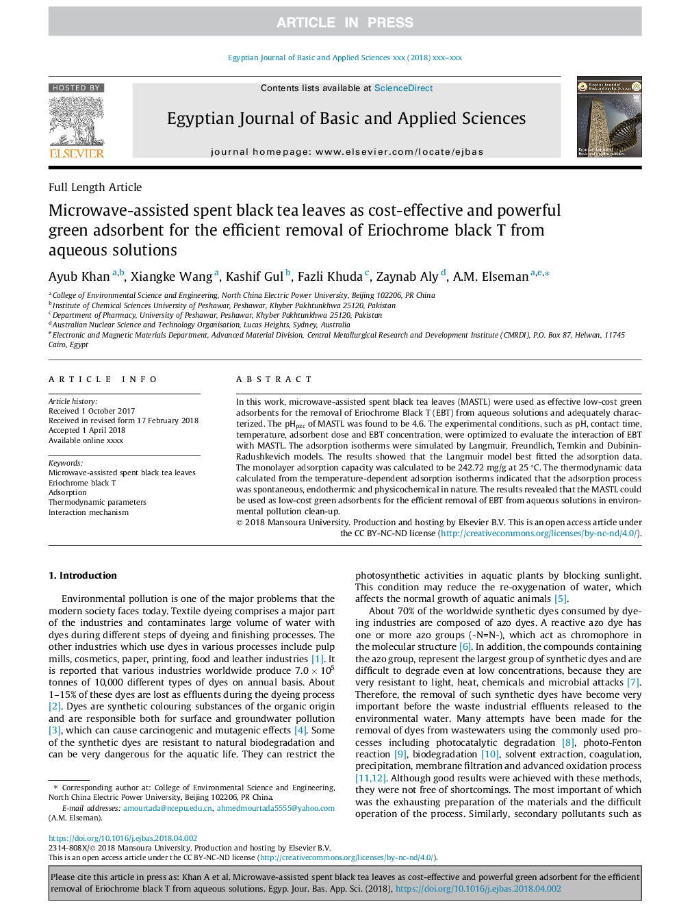 Microwave-assisted spent black tea leaves as cost-effective and powerful green adsorbent for the efficient removal of Eriochrome black T from aqueous solutions