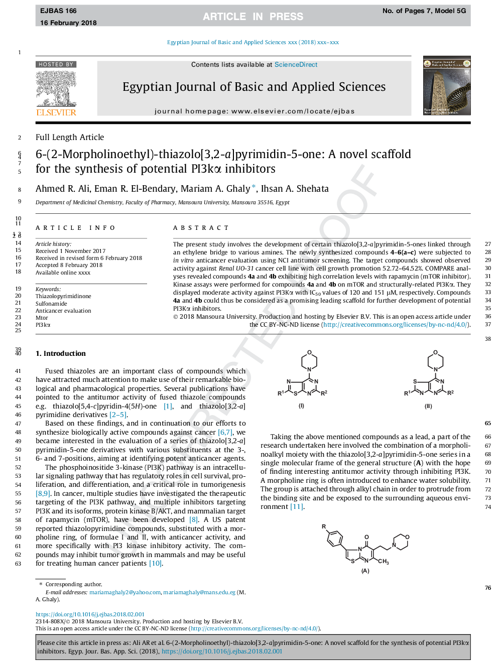 6-(2-Morpholinoethyl)-thiazolo[3,2-a]pyrimidin-5-one: A novel scaffold for the synthesis of potential PI3kÎ± inhibitors