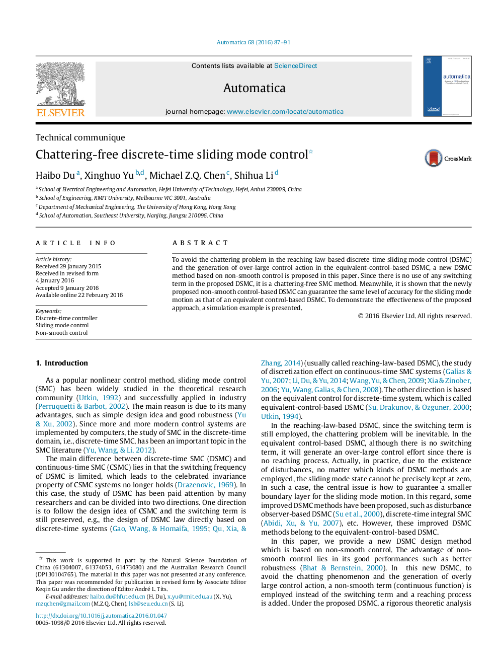 Chattering-free discrete-time sliding mode control 