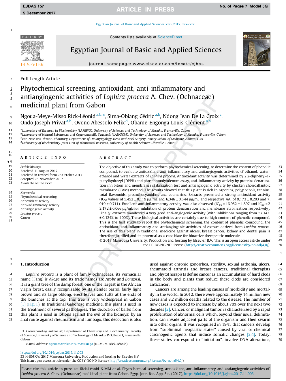 Phytochemical screening, antioxidant, anti-inflammatory and antiangiogenic activities of Lophira procera A. Chev. (Ochnaceae) medicinal plant from Gabon