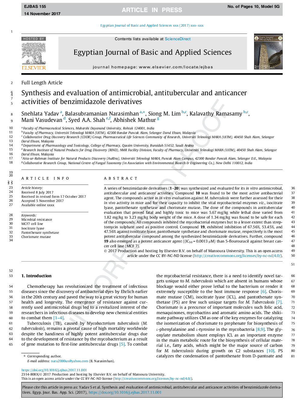 Synthesis and evaluation of antimicrobial, antitubercular and anticancer activities of benzimidazole derivatives