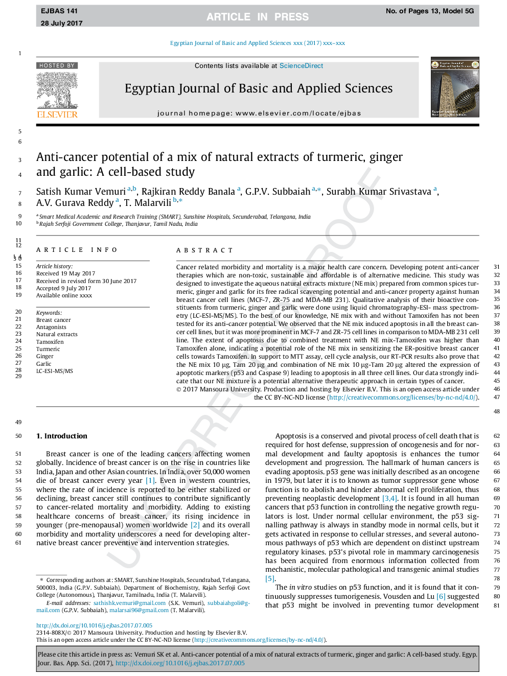 Anti-cancer potential of a mix of natural extracts of turmeric, ginger and garlic: A cell-based study