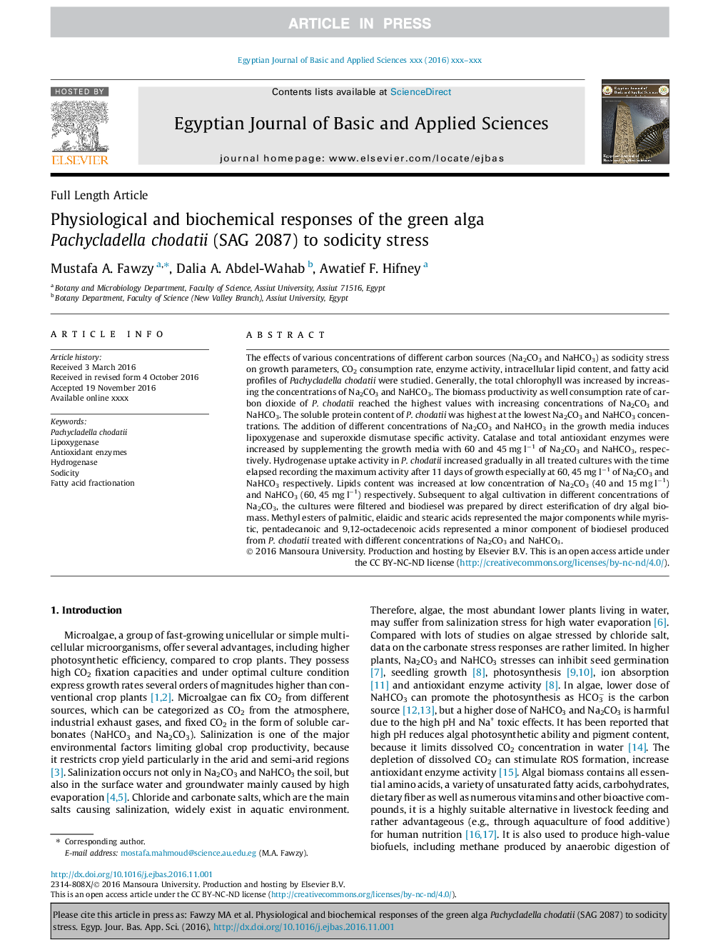 Physiological and biochemical responses of the green alga Pachycladella chodatii (SAG 2087) to sodicity stress