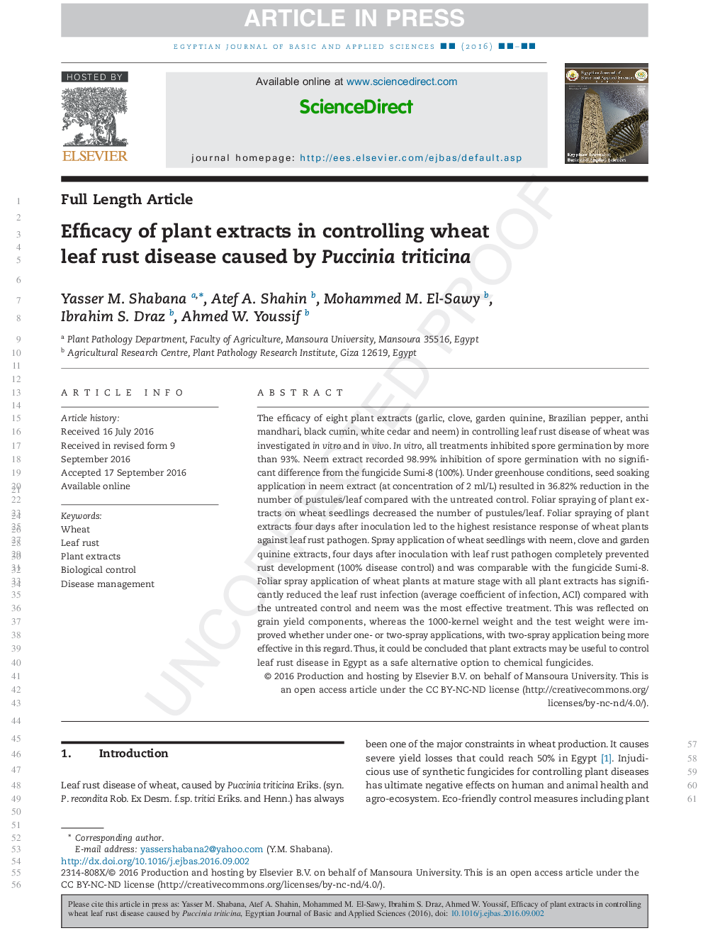 Efficacy of plant extracts in controlling wheat leaf rust disease caused by Puccinia triticina