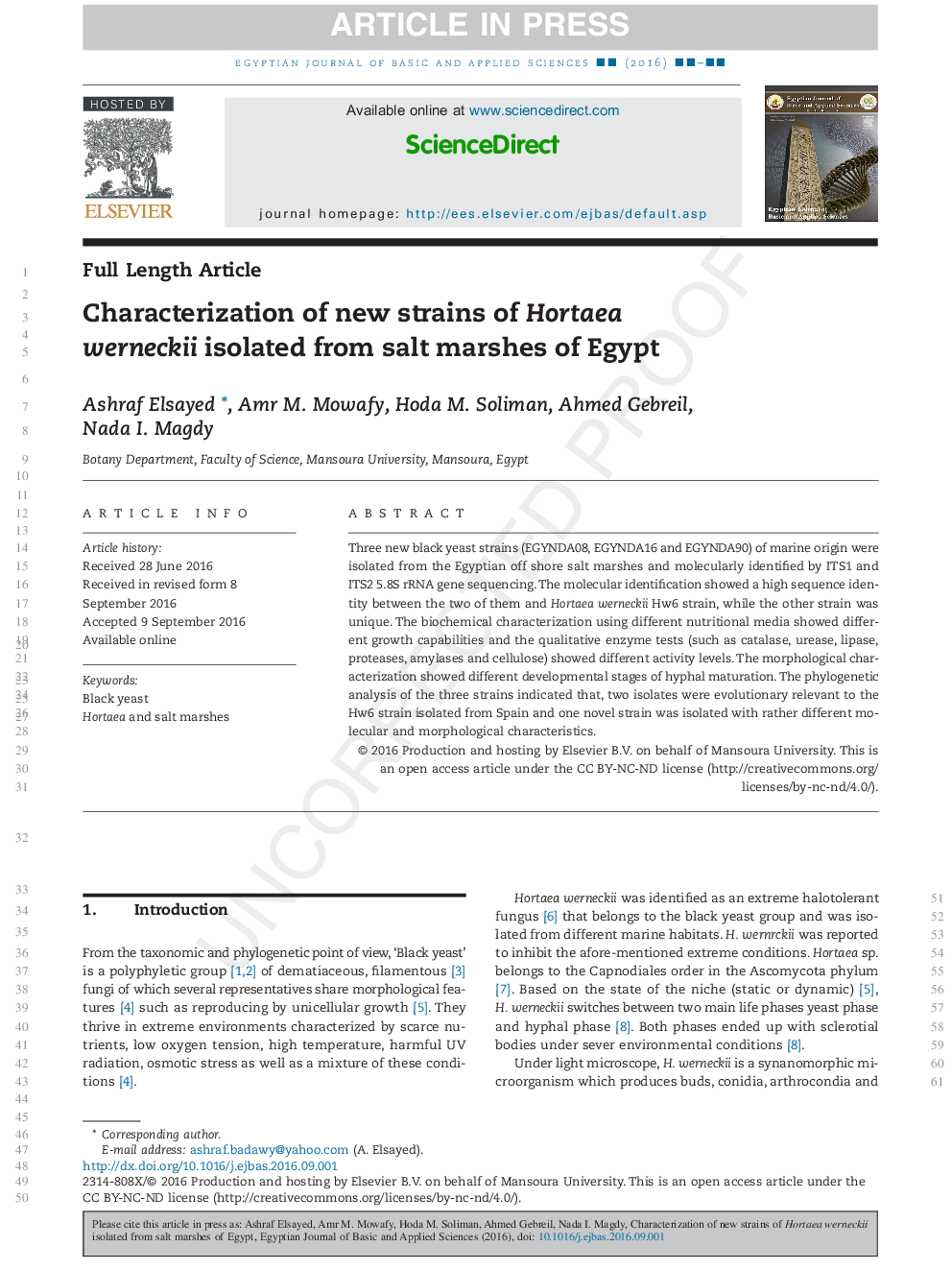 Characterization of new strains of Hortaea werneckii isolated from salt marshes of Egypt